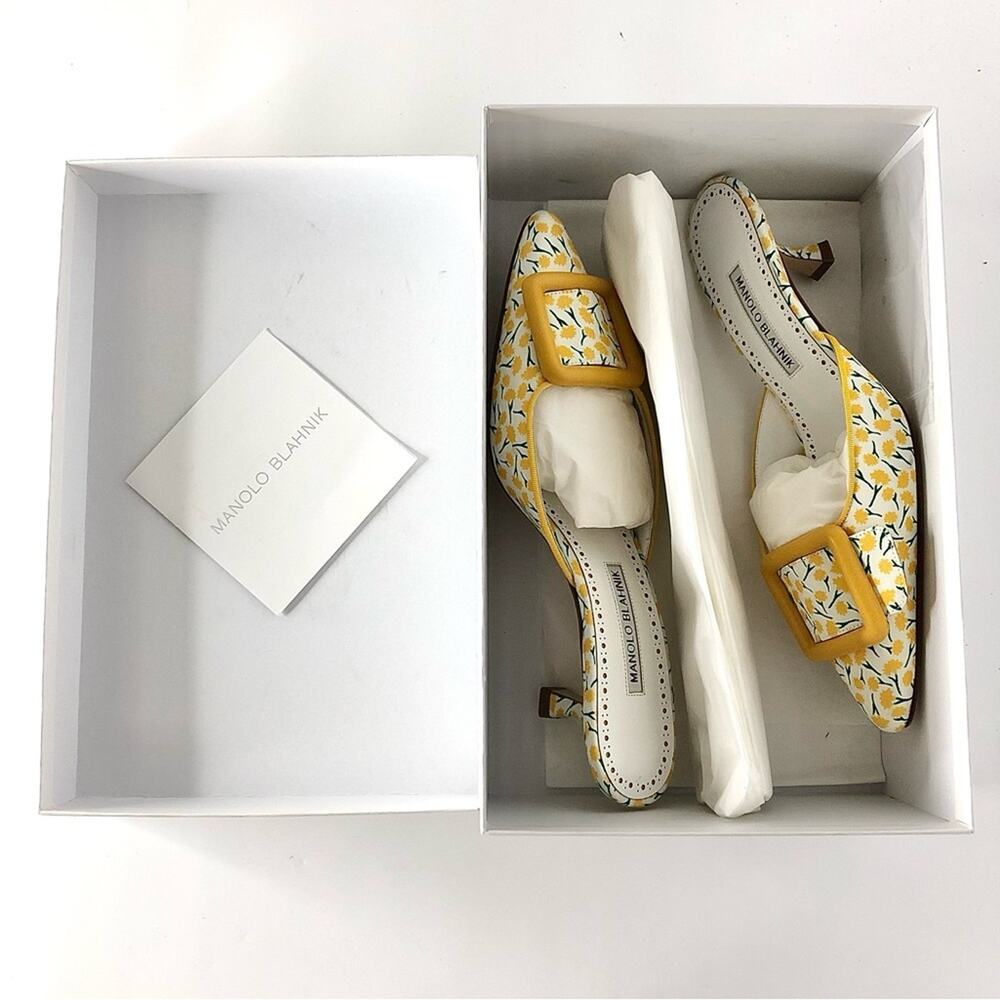 Manolo Blahnik Maysalebi Yellow Flower Print Slip On Kitten Heel Mules 37.5 - Picture 8 of 9